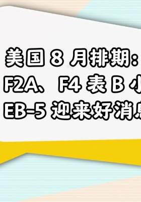美国 8 月排期：F2A、F4 表 B 小涨，EB-5 迎来好消息